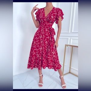 Red & Ivory Floral Ruffle Sleeve Midi Wrap Sun Dress